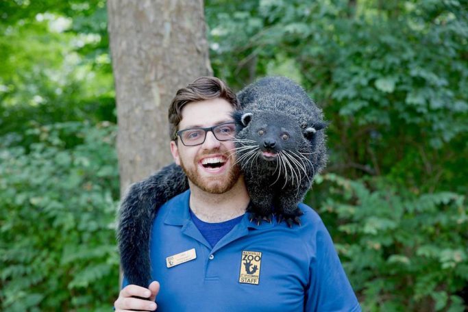 animal keeper and binturong at Nashville zoo